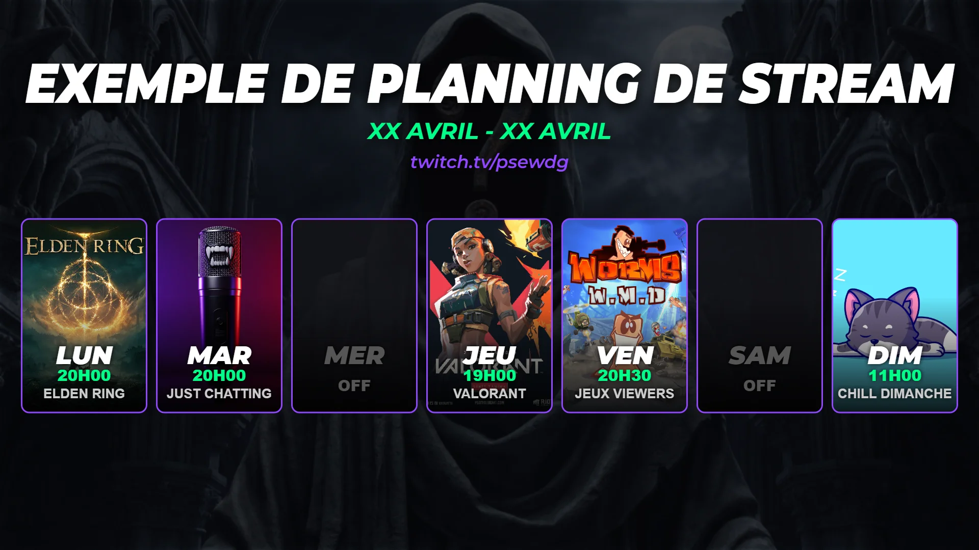 Interface du générateur de planning pour Twitch, Kick, YouTube et TikTok